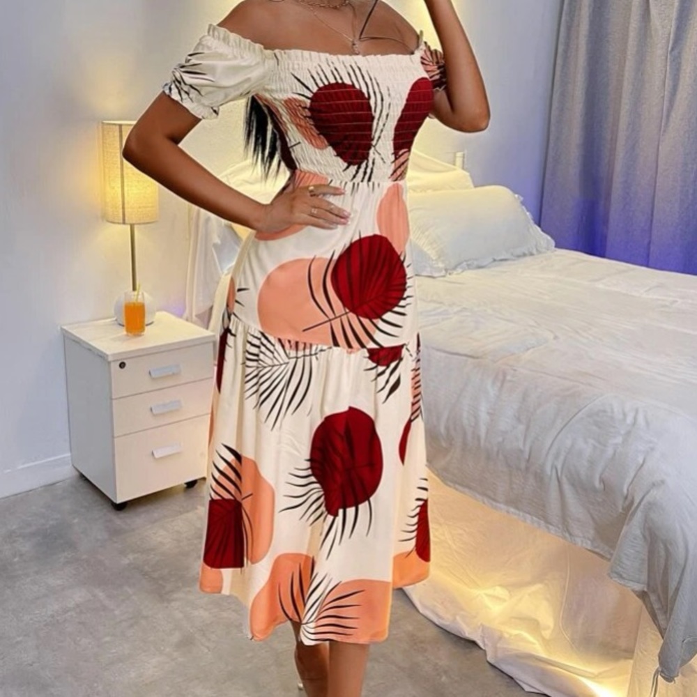 White/Cream Dot and Leaf Print Off Shoulder Dress in L